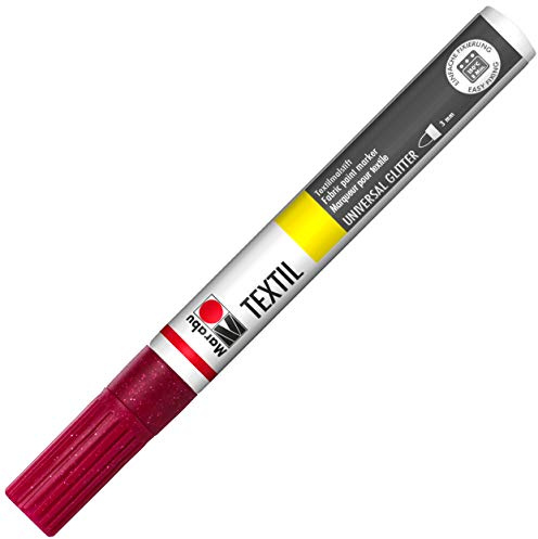 Marabu 01190003532 - Textil Painter Glitter rot 532, Strichstärke ca. 3 mm, Stoffmalstift für helle und dunkle Stoffe, auf Wasserbasis, weicher Griff, nach Fixierung waschbeständig bis 40°C