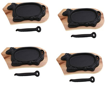 Servierpfanne Gusseisenpfanne Rind mit Holzuntersetzer 4 Stück