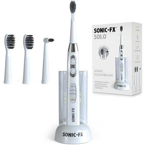 Sonic-FX Solo Sonic 3 Brushing Modes Toothbrush with Smart Timer, Rechargeable Charging Dock | Electric 1 Interdental and 2 Tooth Brush Heads Toothbrush Includes Replacement of Heads, White