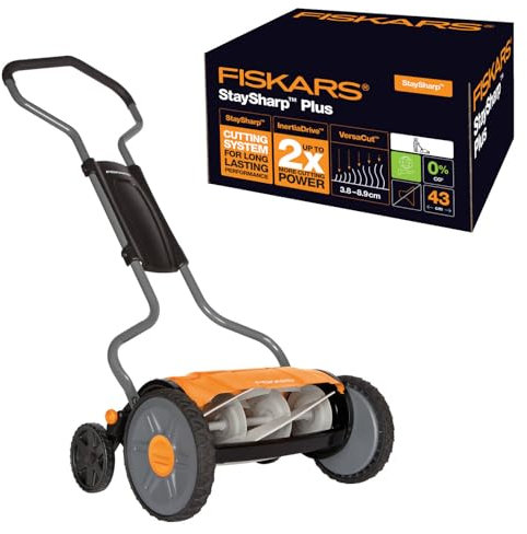 Fiskars Tondeuse à gazon manuelle, Tondeuse à cylindre avec système de coupe sans frottement des lames, Largeur de coupe: 43 cm, StaySharp Plus, Noir/Orange/Argenté, 1015649