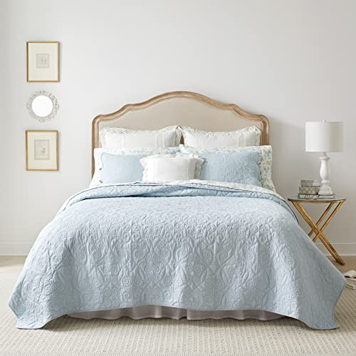 Laura Ashley - King Quilt Set, Reversible Cotton Bedding with Matching Shams, Medium-Weight for Year Round Use, Pre-Washed for Added Softness (Felicity Blue)