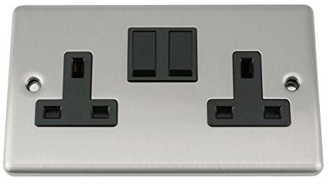 Wall Double Socket 2 Gang - Satin Matt Chrome Classic - Black Insert - Plastic Rocker Switch