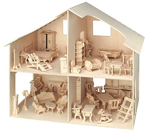 Pebaro Donau Elektronik _M880 3D Puzzle Puppenhaus mit Möbeln, 30 x 30 x 30 cm, Natur