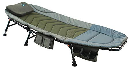 CARPZILLA Portable Fishing Bed Chair | XL Heavy Duty Camping Bed | Adjustable Back Rest & Legs Bedchair | Built-in Tool Bag Tackle Storage Carp Fishing | Detachable Pillow - Khaki Green