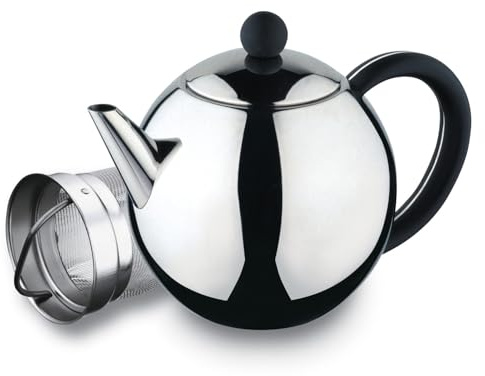 Café Ole Rondo ST-017X Stainless Steel Tea Pot Easy Pour Teapot with Infuser Basket 17oz 500ml, Black Bakelite Handle
