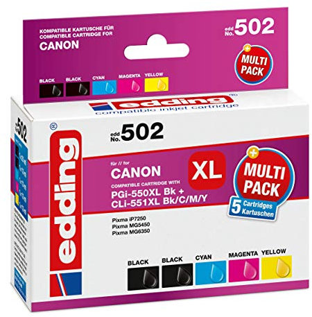 edding Druckerpatrone EDD-502 - Multipack 5 - Schwarz, Foto-Schwarz, Cyan, Magenta, Gelb - 1x 25 ml + 4x 13 ml - Reichweite 1x 500 4x 845 Seiten - Ersetzt Canon PGI-550XL/CLI-551XLBK/C/M/Y