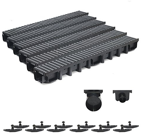 5m Entwässerungsrinne Belastungsklasse B125, 98mm komplett SET Stegrost Kunststoff (schwarz)