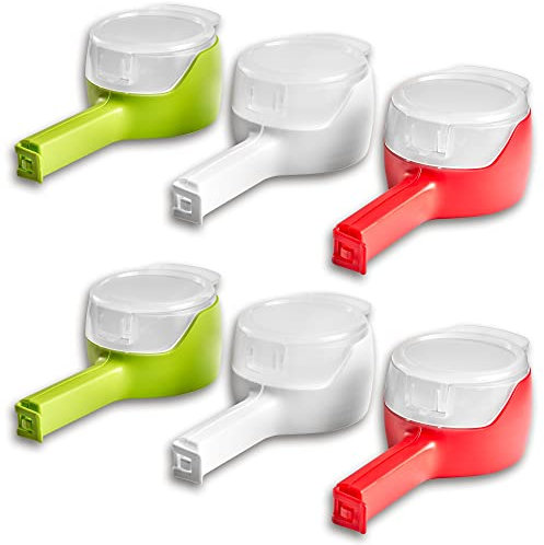 TURBO PRODUKTE Snackspender 6er Set - Wiederverwendbarer - Gadget für Cornflakes, Nussspender, Süßigkeiten uvm. - Luftdichter Tütenverschluss