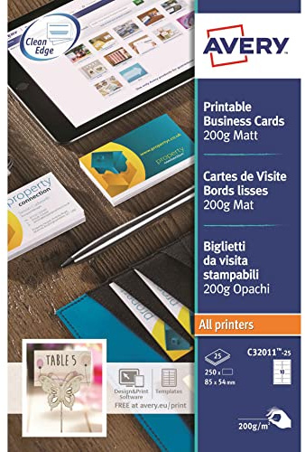 AVERY Zweckform C32011-25 Bedruckbare Visitenkarten, Glatte Kanten 85 x 54mm Weiß 250 St. Papierfor