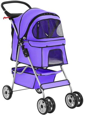 BestPet 4-Wheel Pet Stroller Dog and Cat Stroller Breathable Mesh Lightweight Travel Carrier Waterproof & Foldable Design Storage Basket for Daily Walks & Outdoor Use，Purple