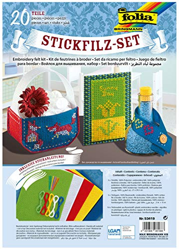 folia 53419 - Stickfilz-Set, 20-teiliges Bastelset, Inhalt farbig sortiert, ca. 21 x 29,5 cm, inkl. Stickanleitung, ideal geeignet für vielfältige Stickarbeiten
