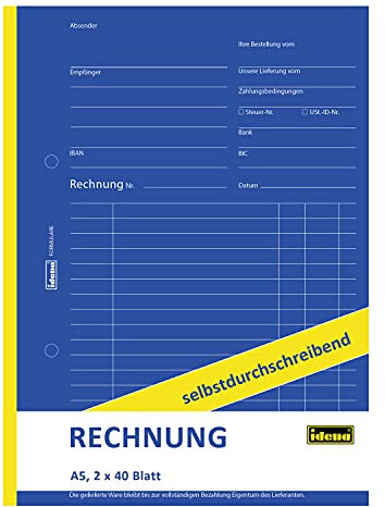 Idena 314256 - Rechnungsbuch, selbstdurchschreibend, 1. Blatt weiß, 2. Blatt gelb, perforiert, gelocht, holzfreies Papier, DIN A5, 2 x 40 Blatt
