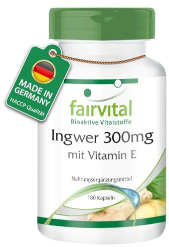 Fairvital | Jengibre 300mg - vitamina E - VEGANO - Dosis elevada - 180 Cápsulas - Calidad Alemana