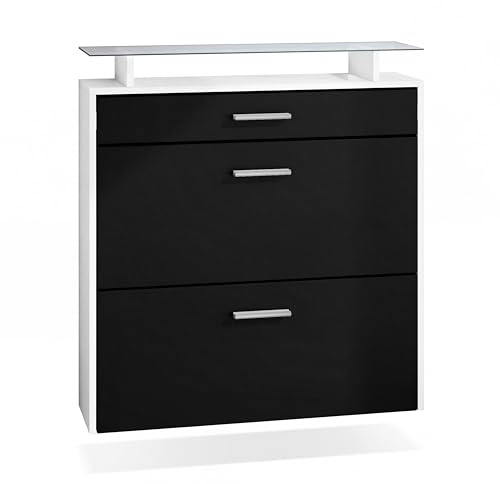 Vladon Schuhschrank Malea, hängender Schuhkipper für 16 Paar Schuhe mit 2 Klappen und 1 Schublade und Glasablage, Weiß matt/Schwarz matt (89 x 96 x 23 cm)