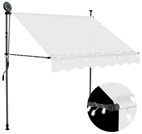 Klemmmarkise mit Handkurbel Balkonmarkise ohne Bohren Einziehbare Markise UV-beständig & höhenverstellbar, Balkonmarkise, Sonnenschutz wasserdich, mit LED 150 cm Creme