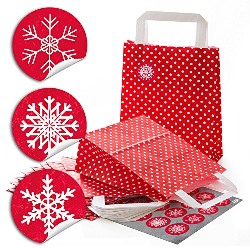 LogbuchVerlag 24 weihnachtliche Geschenktüten rot weiß gepunktet mit Schneeflocken Aufkleber - Weihnachtstüte Verpackung Weihnachten