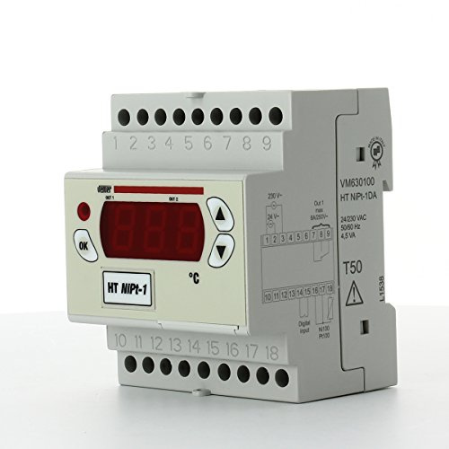 Termoregolatore digitale HT NiPt-1DA in contenitore 4 moduli DIN per la regolazione della temperatura sia in riscaldamento che raffreddamento in applicazioni quali forni, banchi frigo e temperatura ambiente Vemer VM630100 Alimentazione: 24/230VAC Numero relè di uscita 1 Ingressi sonde 1 Sonde collegabili - Ni 100 - Pt 100