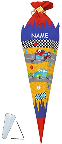 alles-meine.de GmbH BASTELSET Schultüte - Auto Rennwagen - 85 cm - incl. Namen - mit/ohne Kunststoff Spitze - Zuckertüte zum selber Basteln - 6 eckig Jungen Fahrzeug Straße..