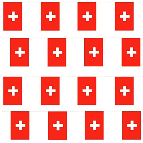 Guirlande de drapeaux suisses - 120 m de long - 20 cm x 14 cm - 25 drapeaux de la Suisse / 10 m - Décorations sportives toutes saisons - Drapeaux européens de football