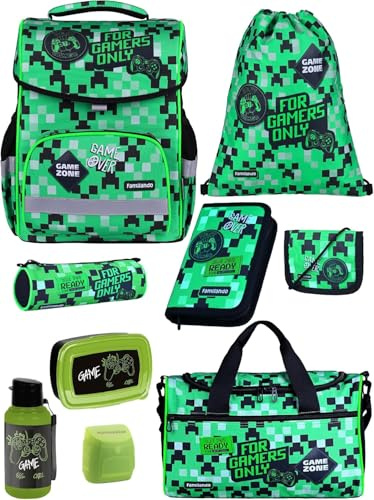 Familando - Basic Plus Schulranzen Set 9-teilig mit Sporttasche - Playworld Gaming Pixel - Ergonomisch, stabil & mit gepolstertem Rücken - 850g leicht - 15L Volumen - Mit Reflektoren - Ab 1. Klasse