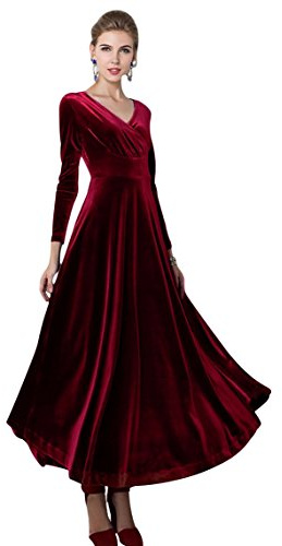 Urban GoCo Mujeres Vestidos Terciopelo Largo Elegante V-Cuello Manga Larga Maxi Vestidos para Cóctel Fiesta (S, Vino Rojo)