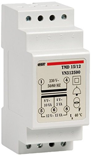 VEMER VN312500 TMD 15/12 - Trasformatore 12V per Campanelli, Installazione su Barra Din, Tensione Primario 230V, Tensione Secondario 4-8-12V, Potenza 15VA, Bianco