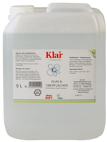 Klar eco Sensitive Glas & Oberflächen Reiniger 5l, ohne Duft, für eine streifenfreie Reinigung, Vegan