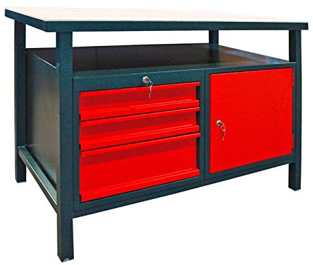 DEMA Profi Werkbank 120x60x85 cm – Werktisch, Arbeitstisch – 3 Schubladen, 1 Tür, stabil, robust – Werkstatt, Garage, Heimwerker, Handwerk, Lager