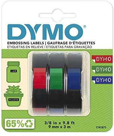 DYMO Self-Adhesive Embossing Labels, 3/8-Inch x 9.8-Foot Roll, Assorted Colors, 3 Pack