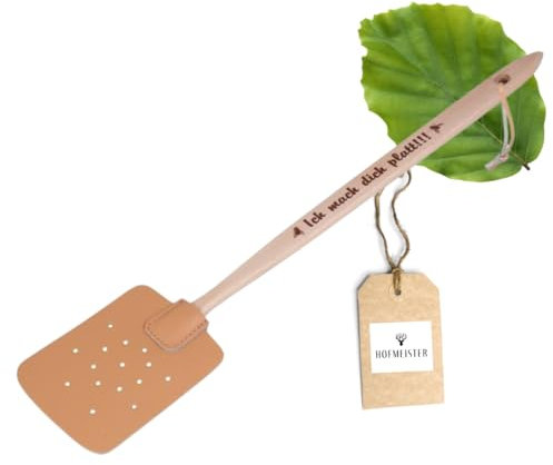 HOFMEISTER® Fliegenklatsche aus Buchenholz & Leder, aus Europa, Klatsche mit Spruch Aufdruck: Ich mach Dich platt!!!, praktischer Mücken-Schläger zum Insekten fangen, Mückenfänger, 47,5 cm