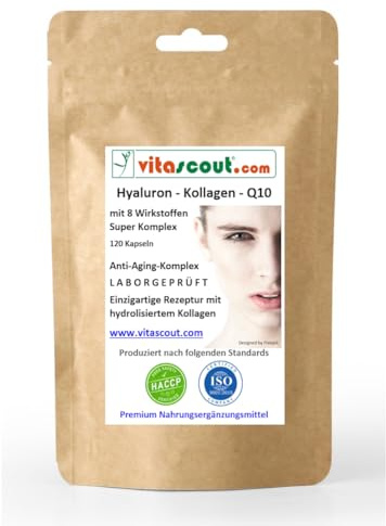VITASCOUT Hyaluronsäure Kollagen Coenzym Q10 Komplex – 120 Kapseln – mit Vitamin C aus Acerola, Biotin, Zink, Selen, Mangan – Laborgeprüft