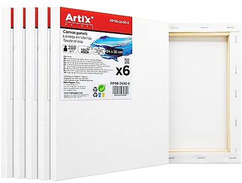 ARTIX - Set de 6 Lienzos para Pintar 24x30x1.5 cm, Paneles Imprimados, 100% Algodón, Lienzos Preestirados para Pintura Acrílica, Con Bastidor de madera, para Artistas Profesionales o Principiantes
