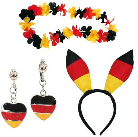 KarnevalsTeufel Deutschland Fan Set 3-teilig Schwarz-Rot-Gold | Deutschland Fan Set mit Haarreif, Ohrclips und Blumenkette für EM, WM, Public Viewing und Fanpartys.
