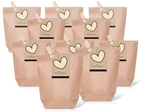 Logbuch-Verlag 25 Geschenktüten für Gäste Gastgeschenk Tüten 14 x 22 x 5,5 cm Hochzeit Feste Papier mit Herz Namensaufkleber Geburtstag + Klammern