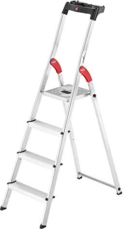 Hailo L60 StandardLine Alu-Sicherheits-Stehleiter - Leiter 4 Stufen belastbar bis 150 kg - stabile Holmführung - Stehleiter mit Ablage - klappbare Aluleiter Made in Germany - Leiter rostfrei - Silber