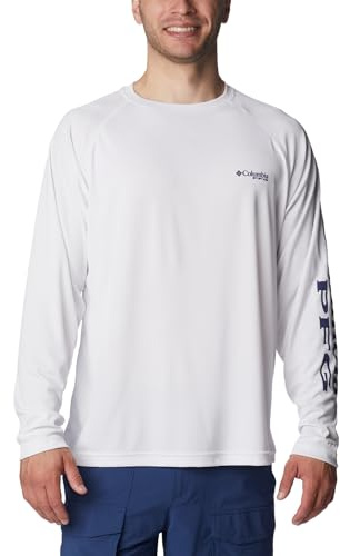 Columbia Men's PFG Terminal Tackle Long Sleeve Fishing Shirt, White/Nightshade Logo, Large