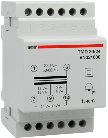 VEMER VN321600 TMD 30/24 ringklocka transformator för toppskenor, transformator med primär spänning 230 V, sekundär spänning 12–24 V och effekt 30 VA, vit