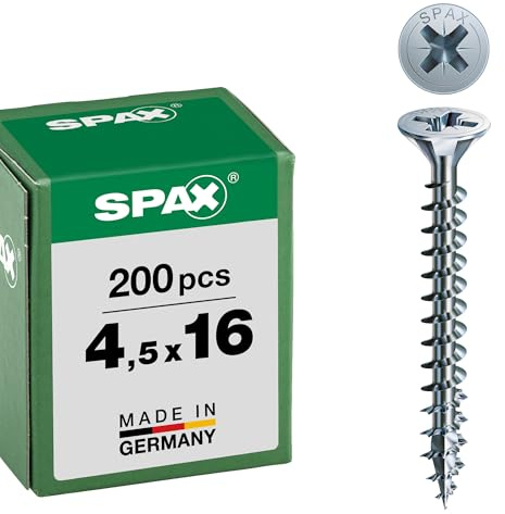 SPAX Universalschraube, 4,5 x 16 mm, 200 Stück, Kreuzschlitz Z2, Senkkopf, Vollgewinde, 4CUT, WIROX A3J, blank verzinkt, 1081010450163