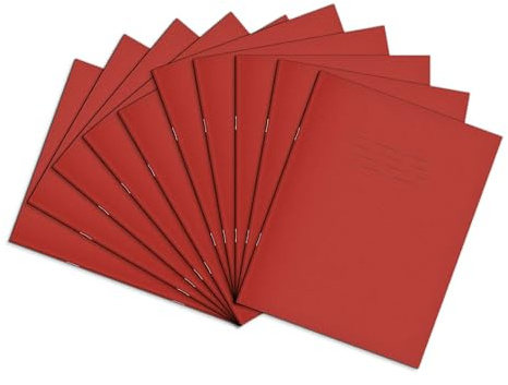 Rhino A5+ Exercise Books, 80-Page / 8mm Lined with Margin Paper Notebook, 10-Pack, 9 x 7 Writing Book, Office & School Stationery Supplies, Red