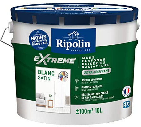 RIPOLIN - Peinture Monocouche pour Murs, Boiseries & Radiateurs - Intérieur - Finition Parfaite - Aspect Lumineux - Haute Résistance aux Chocs & Salissures - Lessivable - Satin - 10L - Blanc