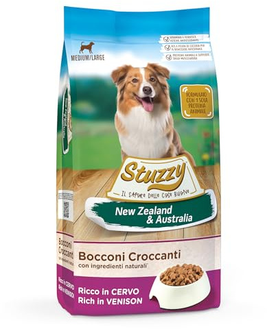 Stuzzy, Cibo Secco per Cani Adulti al Gusto Cervo, Croccantini - Linea New Zealand & Australia Formato Sacco da 12 Kg, packaging may vary