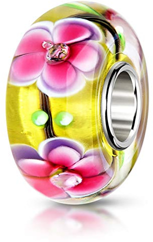 Materia Perle en verre de Murano motif fleurs avec 3 zircons - Argent 925, perle en verre de Murano avec zircons, jaune / vert / rose #1449