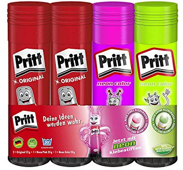 Pritt Klebestift Mix Pack, sicherer und kinderfreundlicher Kleber für Kunst und Bastelarbeiten, Klebstoff für Schule & Bürobedarf, 2 x 20g (Grün & Pink), 2 x 22g Original