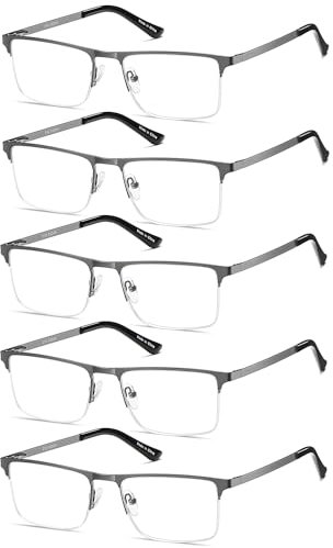 EYECEDAR Amcedar 5er-Pack Lesebrille Herren Metall Halbrand-Federscharniere Rechteckiger Stil Edelstahl Material Enthält Computer Lesebrille +1.50