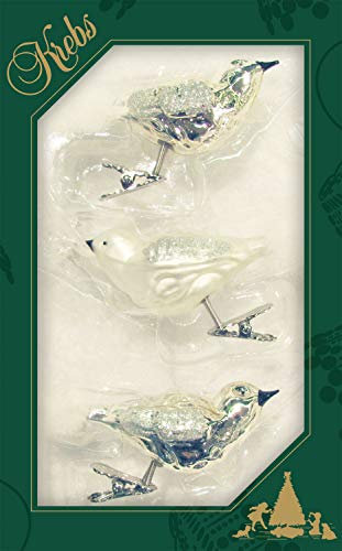 Dekohelden24 Lauschaer Christbaumschmuck - 3er Set Vögel auf Clip in Satin Silber, ca. 13 cm