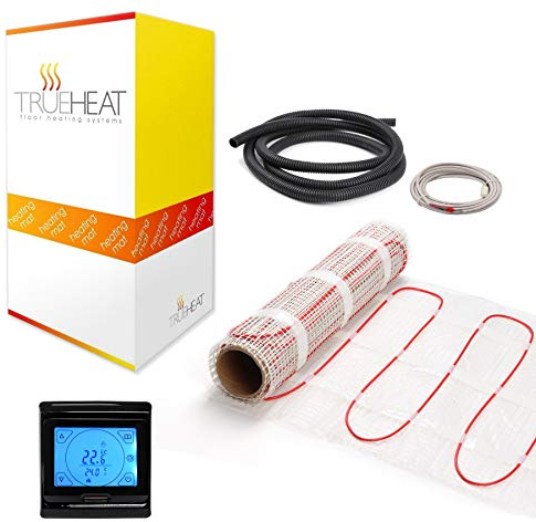 Electric Underfloor Heating Mat Kit for Tile or Stone Floors 200W/m2-7m2 with Black Touchscreen Programmable Thermostat