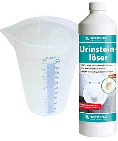 HOTREGA Urinsteinlöser Konzentrat 1L | Starker WC-Entkalker & Reiniger | Entfernt Urinstein, Kalk sowie Rost | Inklusive Messbecher | Für Sanitärbereiche, Bidet und Urinal | Wirkt in 5-10 Minuten
