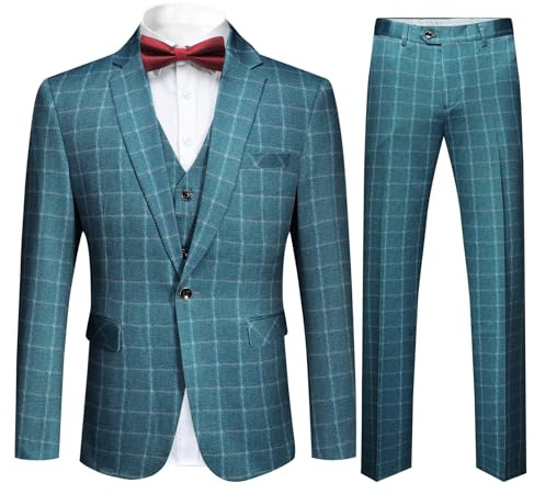 Men's Plaid Modern Fit 3-Piece Suit Blazer Jacket Tux Vest & Trousers, Blue, Medium.