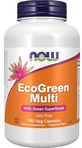 NOW Supplements, EcoGreen Multi Vitamin with Green Superfoods, Iron-Free 180 Veg Capsules