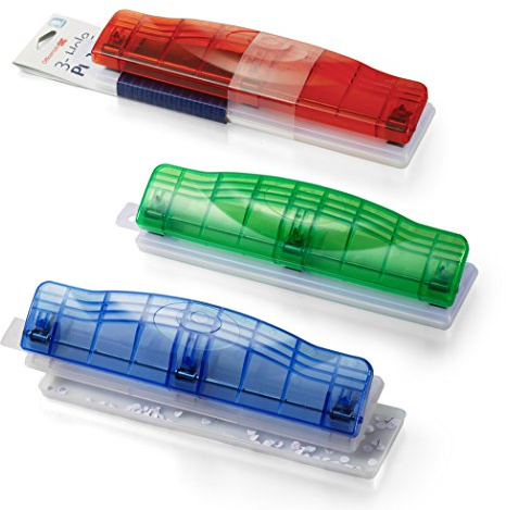 Officemate Translucent Plastic 3 Hole Punch, 8 Sheet Capacity, Comes in Assorted Translucent Colors - Red, Blue and Green (90119)